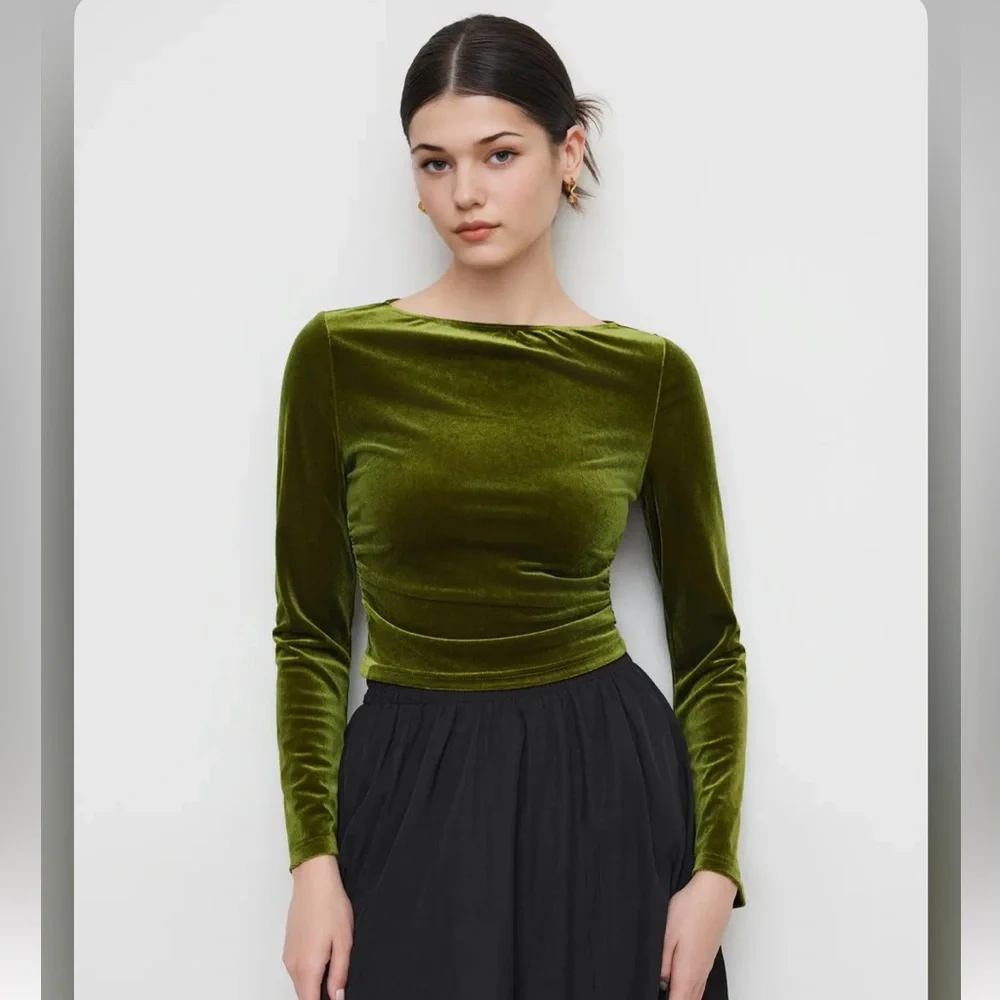 Cider VELVET BOAT NECK SOLID RUCHED LONG SLEEVE CROP TOP UY10-16 M - Picture 5 of 7